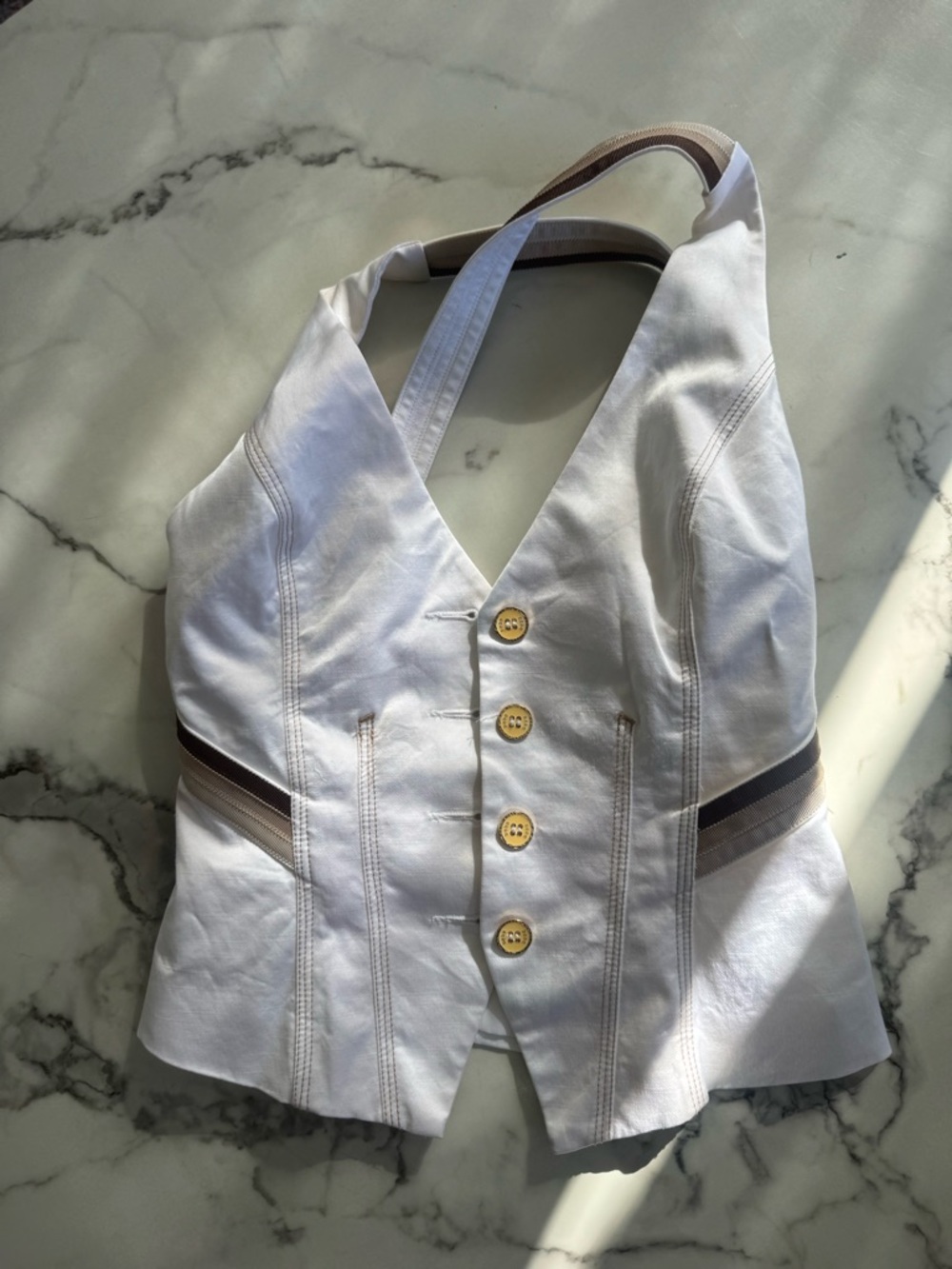 Vintage bebe White Halter Vest with Brown Trim